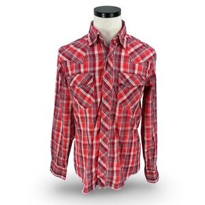 Wrangler Mens Red White Plaid Long Sleeve Western Pearl Snap Shirt Medium